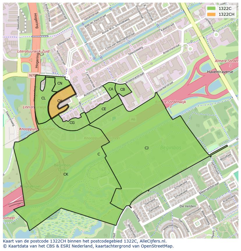 Afbeelding van het postcodegebied 1322 CH op de kaart.