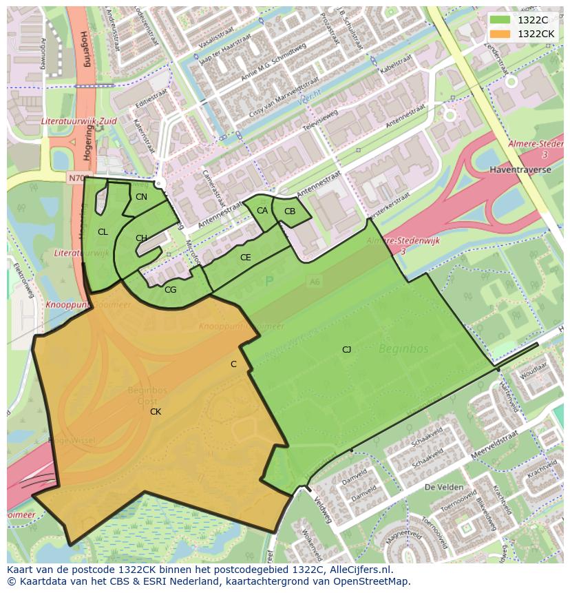 Afbeelding van het postcodegebied 1322 CK op de kaart.