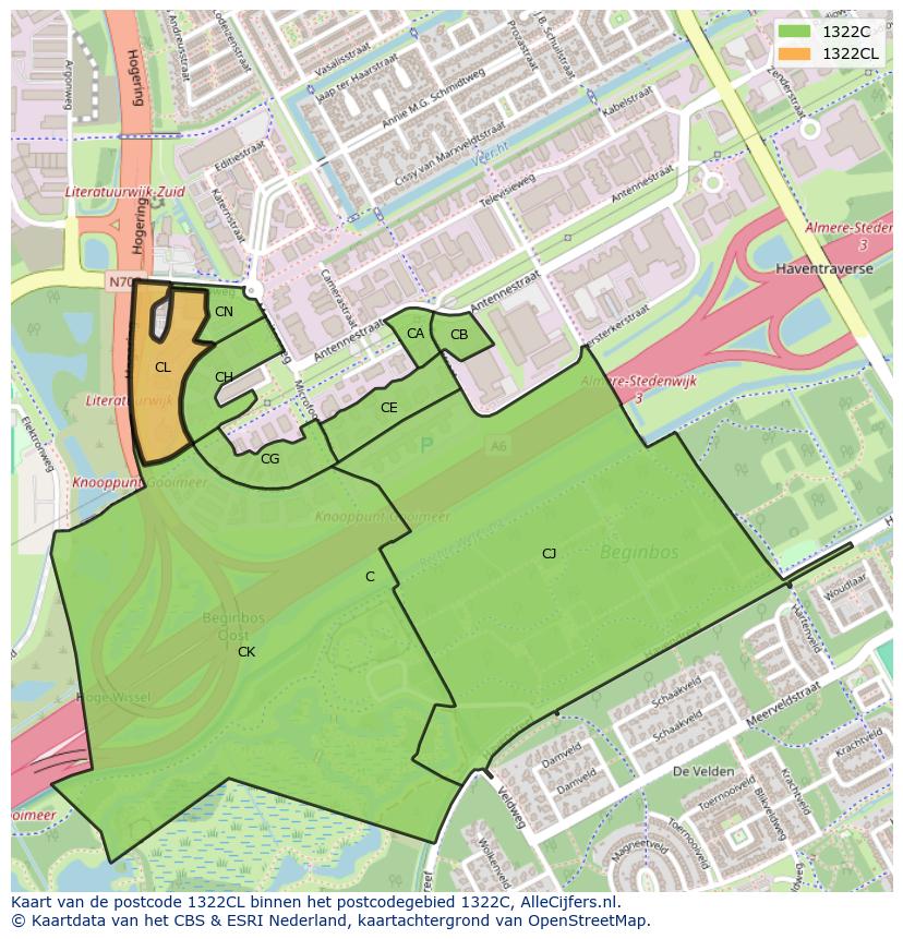 Afbeelding van het postcodegebied 1322 CL op de kaart.