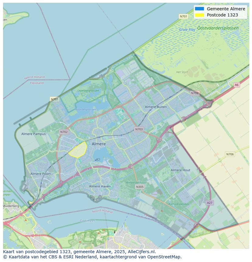 Afbeelding van het postcodegebied 1323 op de kaart.