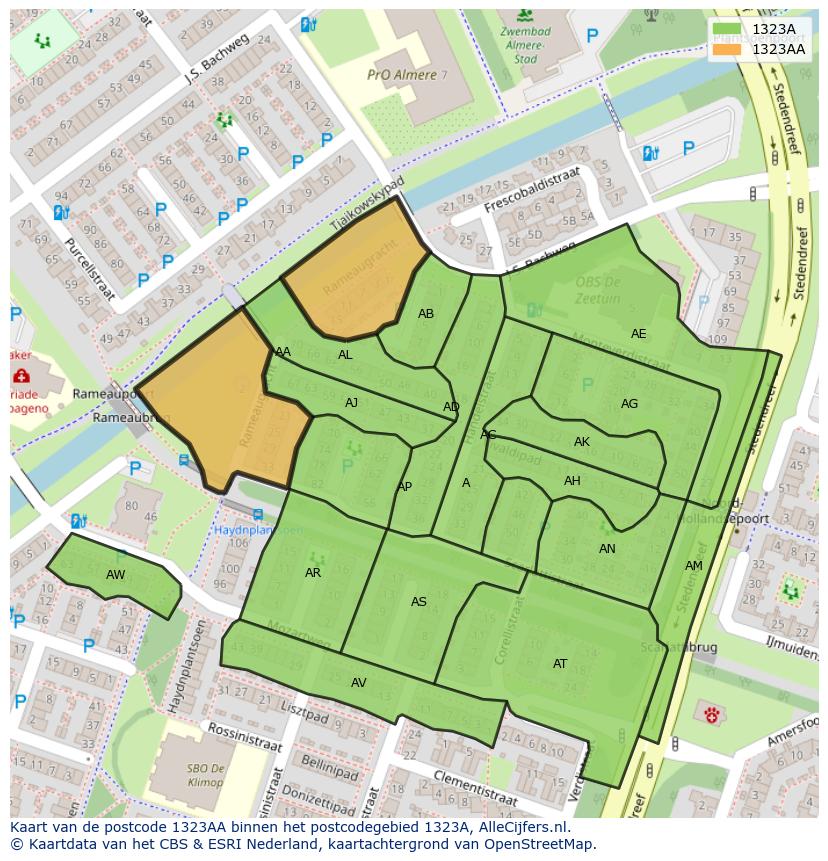 Afbeelding van het postcodegebied 1323 AA op de kaart.