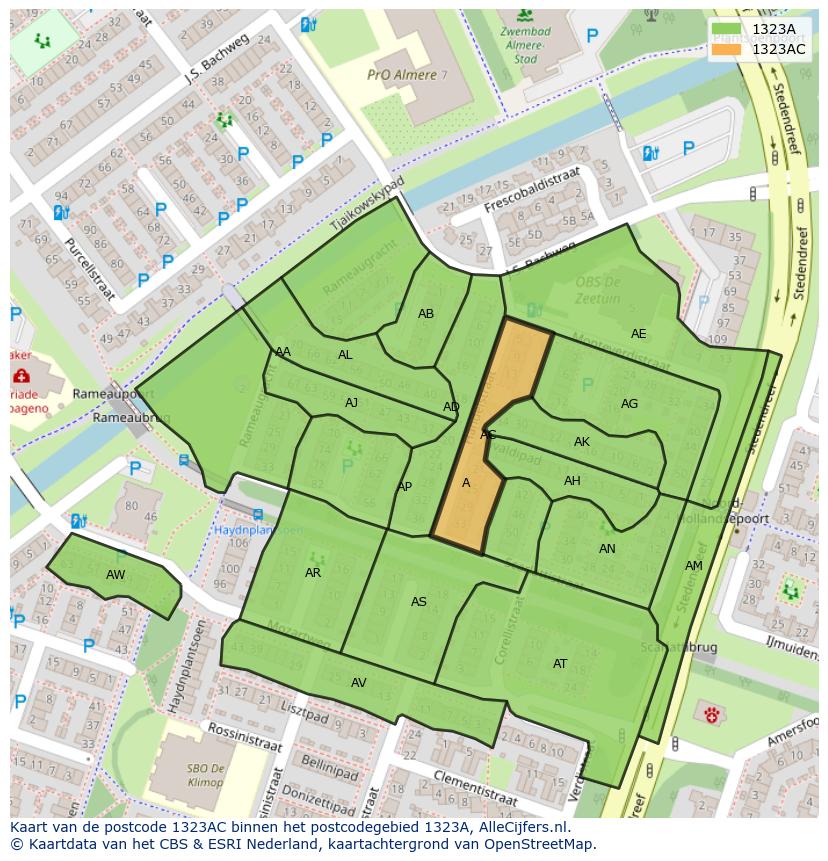 Afbeelding van het postcodegebied 1323 AC op de kaart.