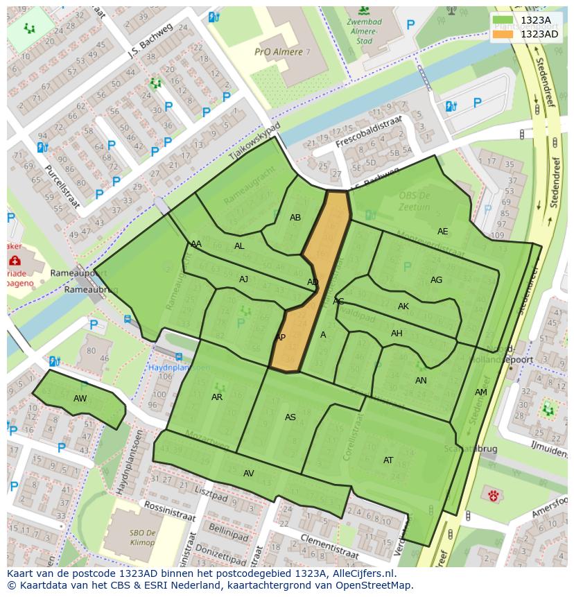 Afbeelding van het postcodegebied 1323 AD op de kaart.