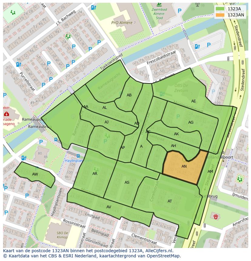 Afbeelding van het postcodegebied 1323 AN op de kaart.