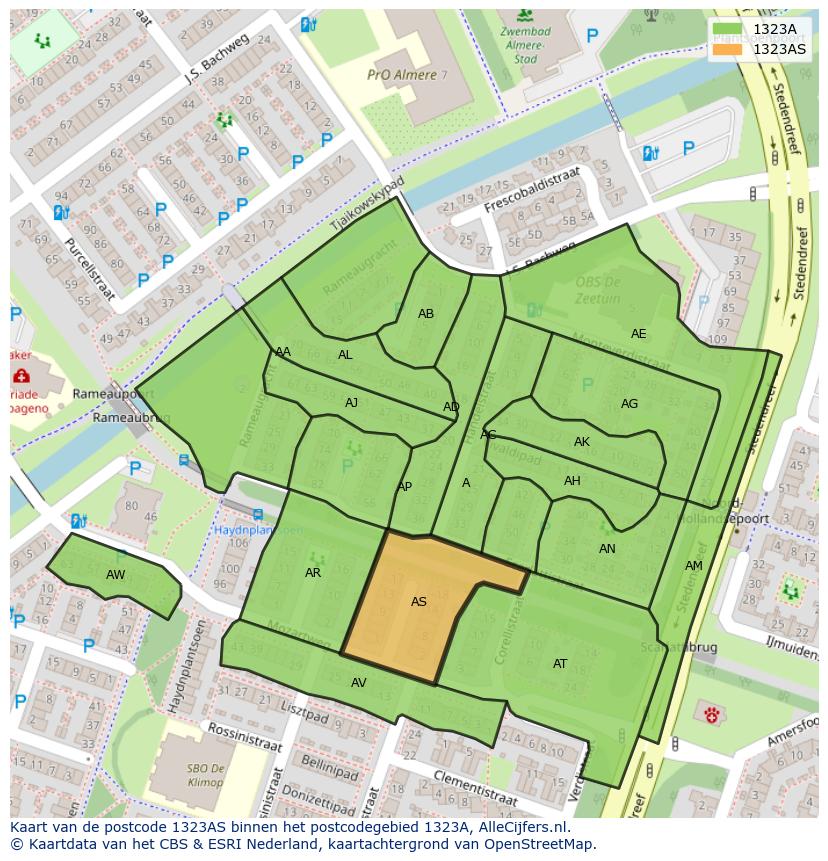 Afbeelding van het postcodegebied 1323 AS op de kaart.