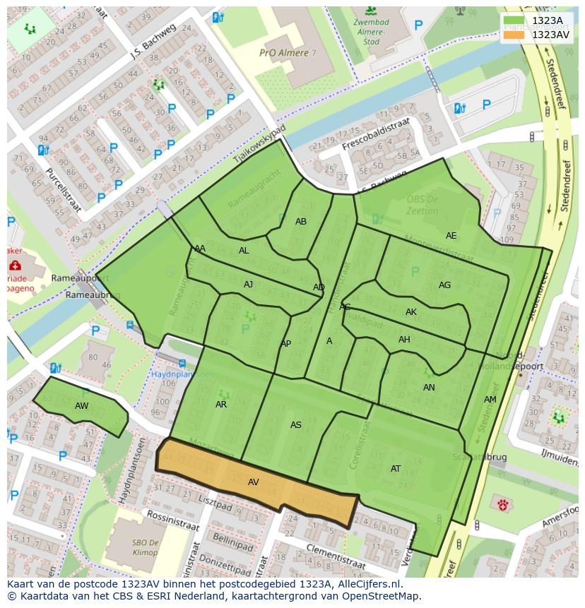 Afbeelding van het postcodegebied 1323 AV op de kaart.
