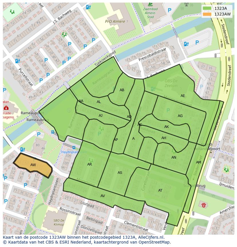 Afbeelding van het postcodegebied 1323 AW op de kaart.