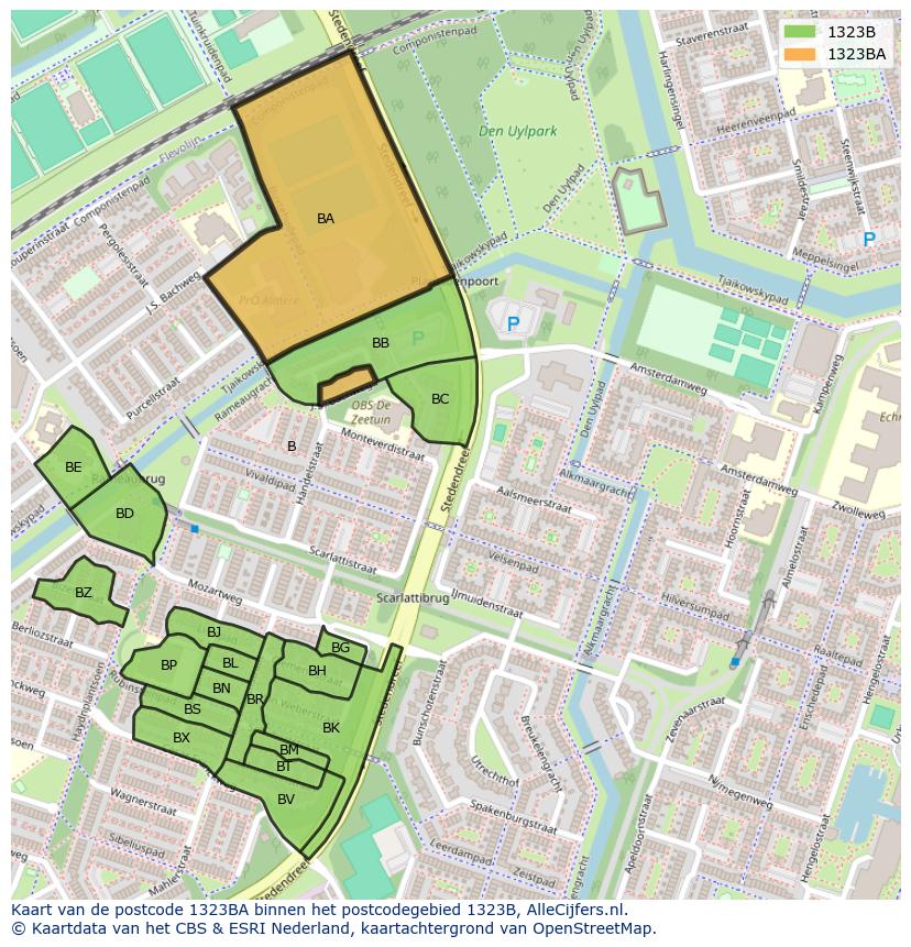 Afbeelding van het postcodegebied 1323 BA op de kaart.