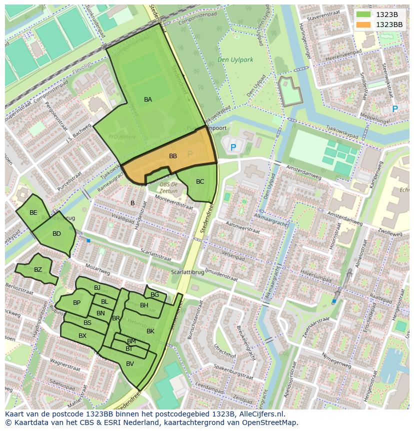 Afbeelding van het postcodegebied 1323 BB op de kaart.