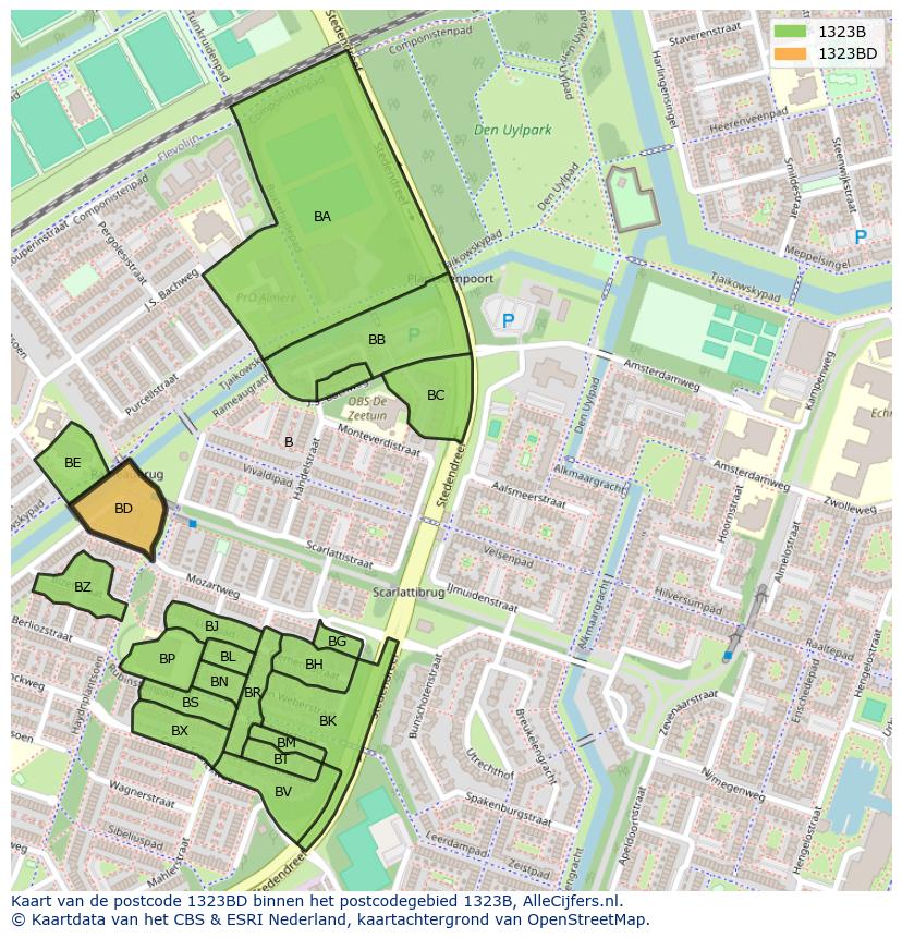 Afbeelding van het postcodegebied 1323 BD op de kaart.