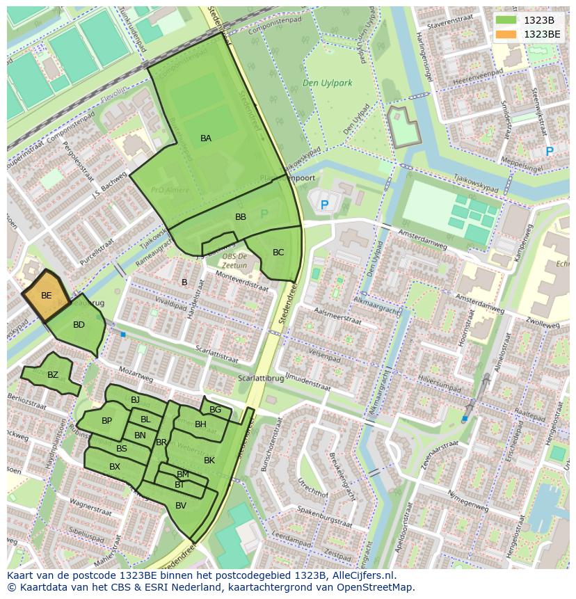 Afbeelding van het postcodegebied 1323 BE op de kaart.