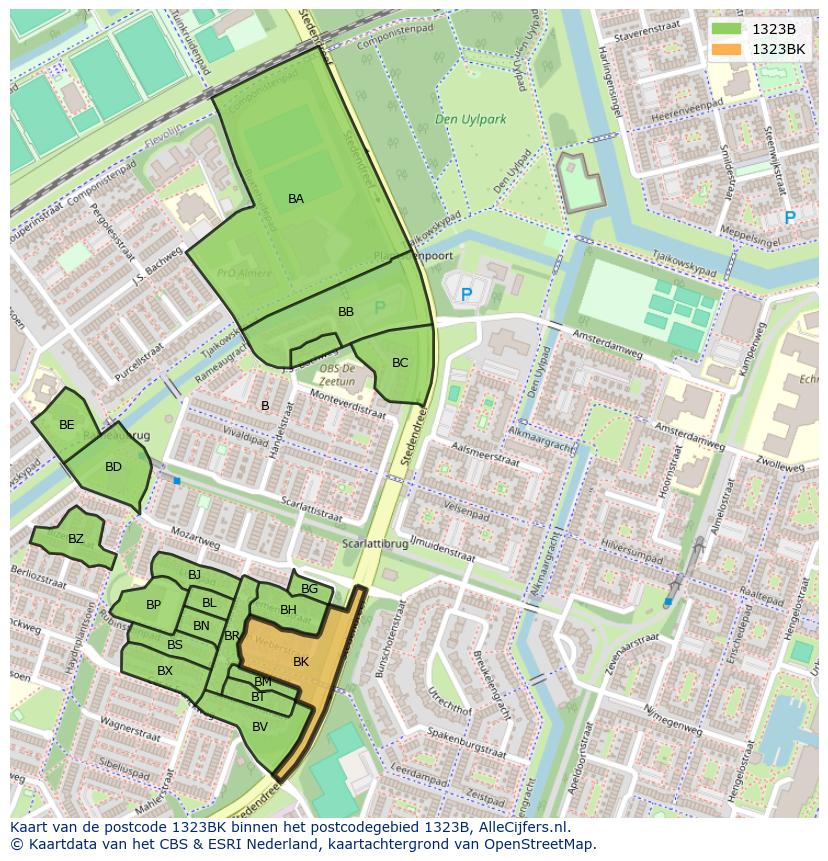 Afbeelding van het postcodegebied 1323 BK op de kaart.