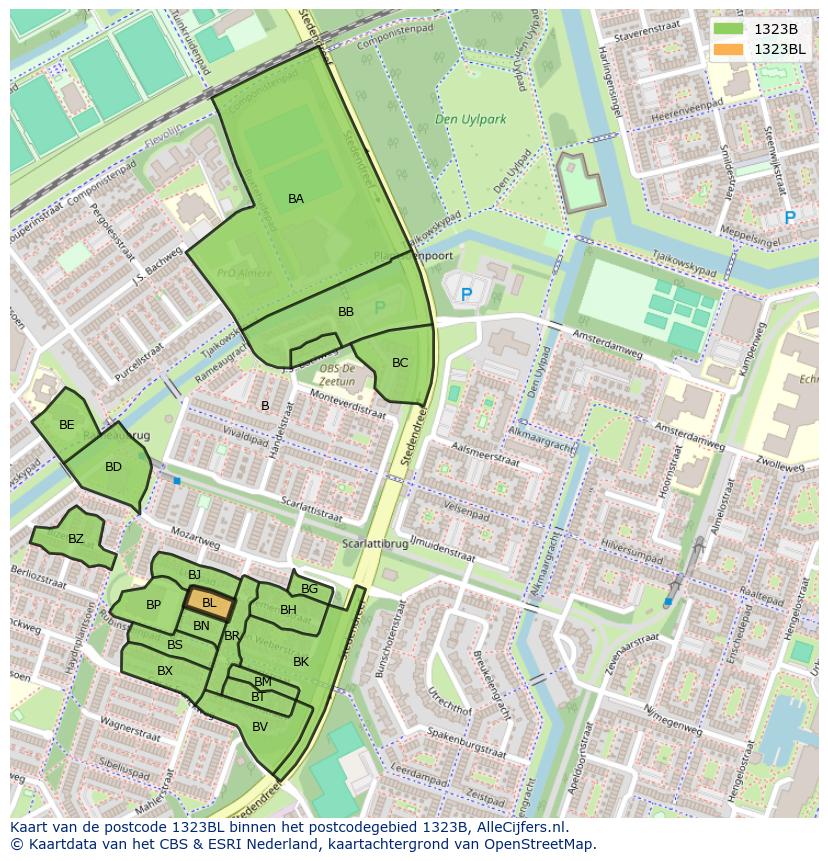 Afbeelding van het postcodegebied 1323 BL op de kaart.