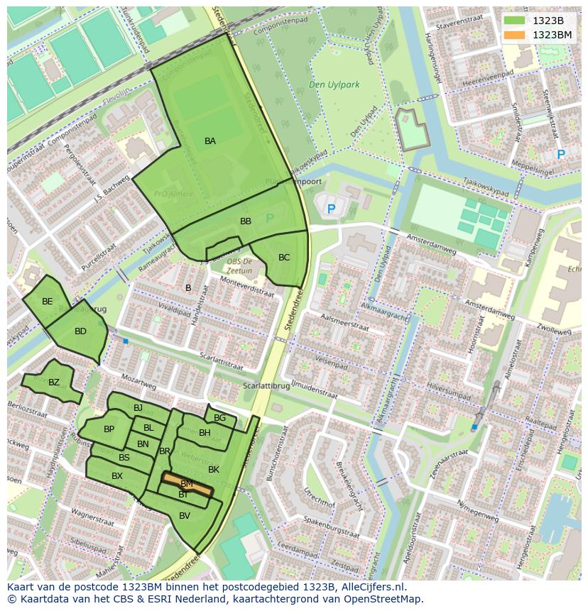 Afbeelding van het postcodegebied 1323 BM op de kaart.