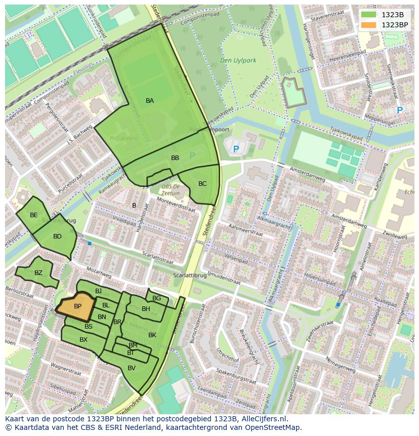 Afbeelding van het postcodegebied 1323 BP op de kaart.