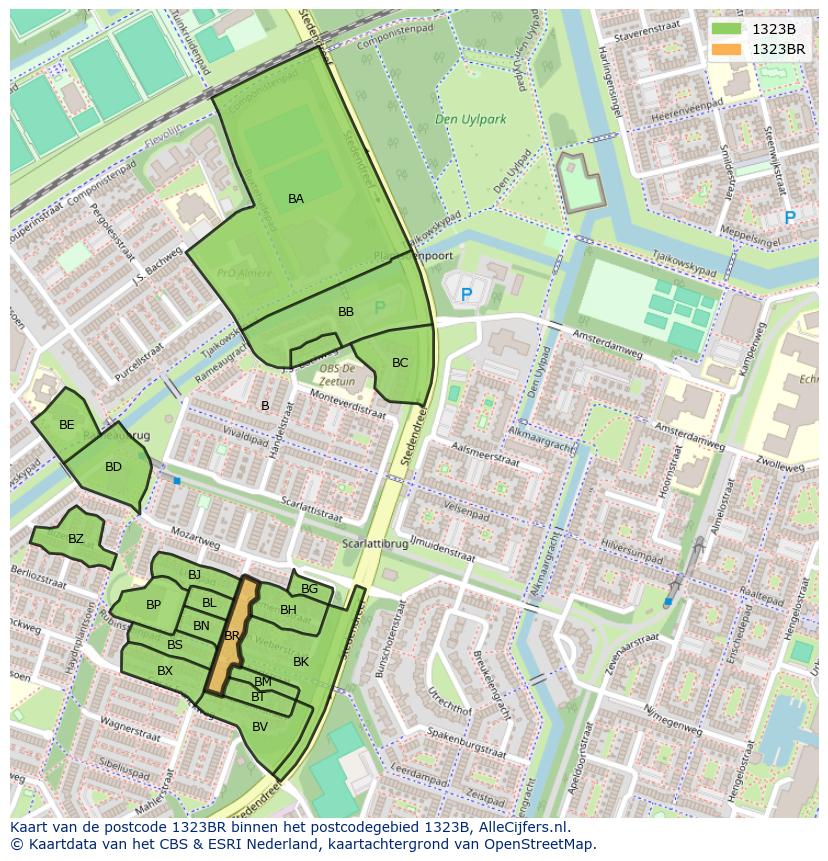 Afbeelding van het postcodegebied 1323 BR op de kaart.