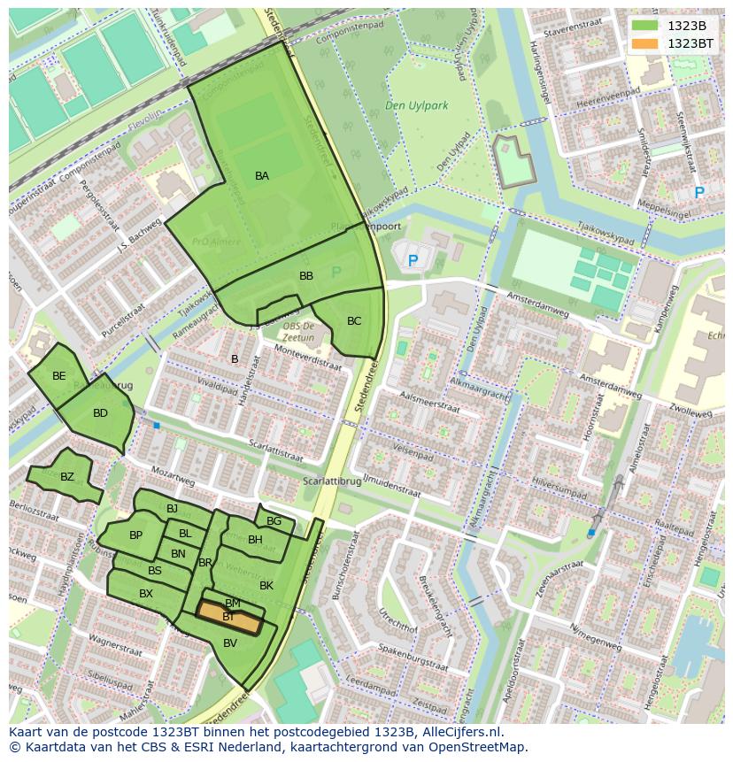Afbeelding van het postcodegebied 1323 BT op de kaart.