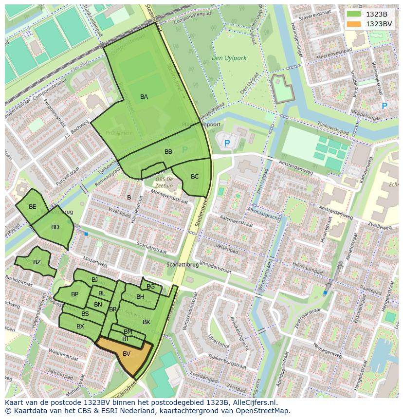 Afbeelding van het postcodegebied 1323 BV op de kaart.