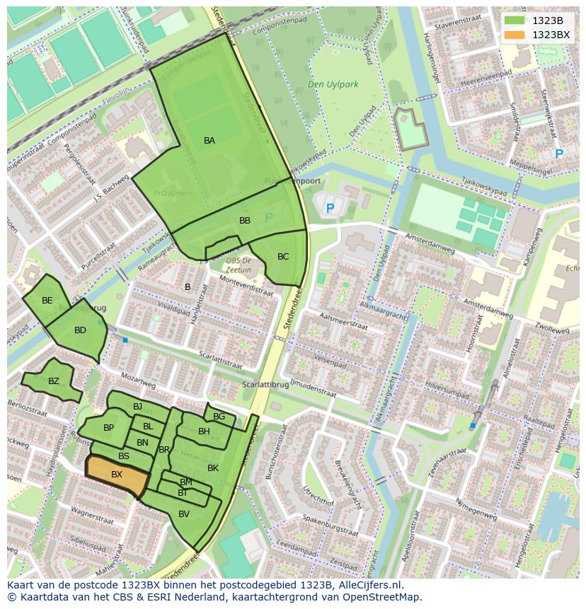 Afbeelding van het postcodegebied 1323 BX op de kaart.