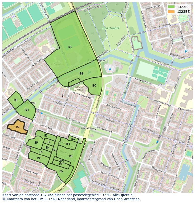 Afbeelding van het postcodegebied 1323 BZ op de kaart.