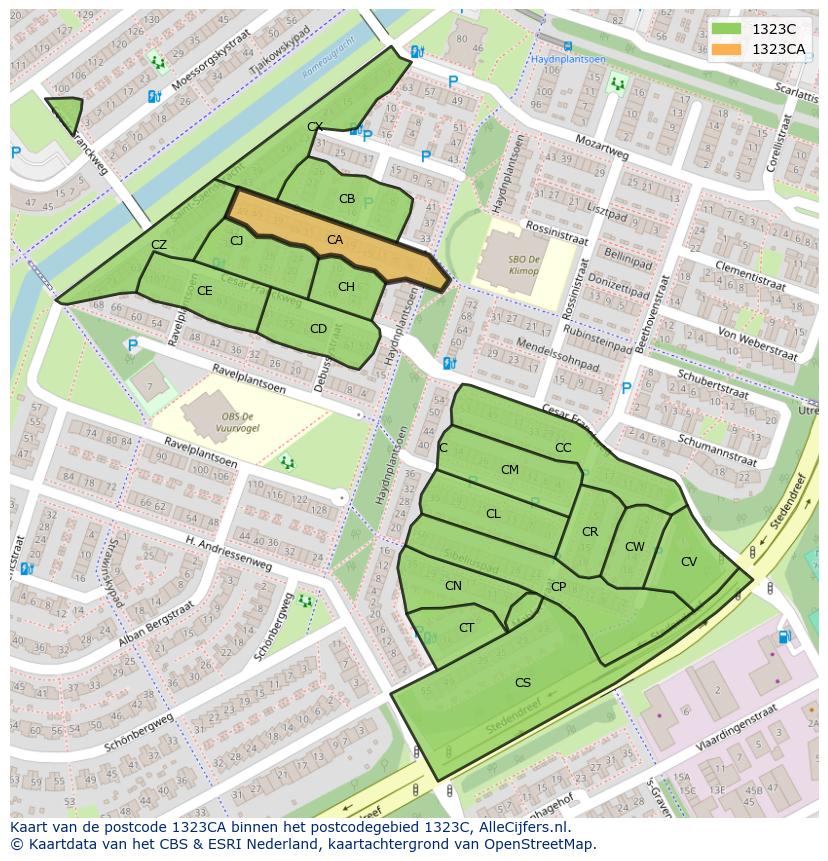 Afbeelding van het postcodegebied 1323 CA op de kaart.