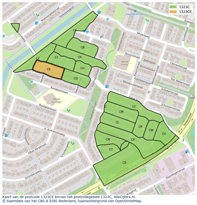 Afbeelding van het postcodegebied 1323 CE op de kaart.