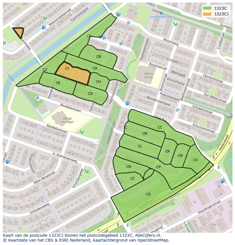 Afbeelding van het postcodegebied 1323 CJ op de kaart.