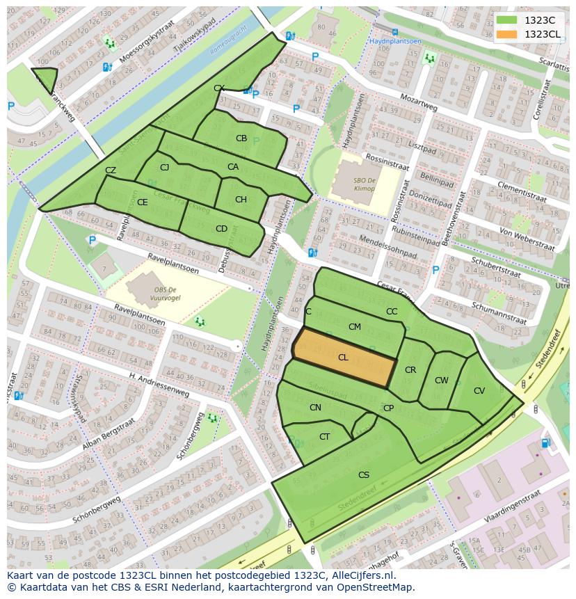 Afbeelding van het postcodegebied 1323 CL op de kaart.