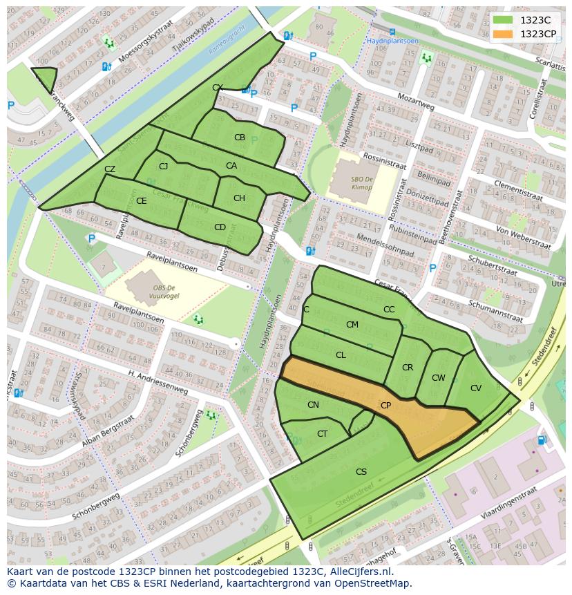 Afbeelding van het postcodegebied 1323 CP op de kaart.