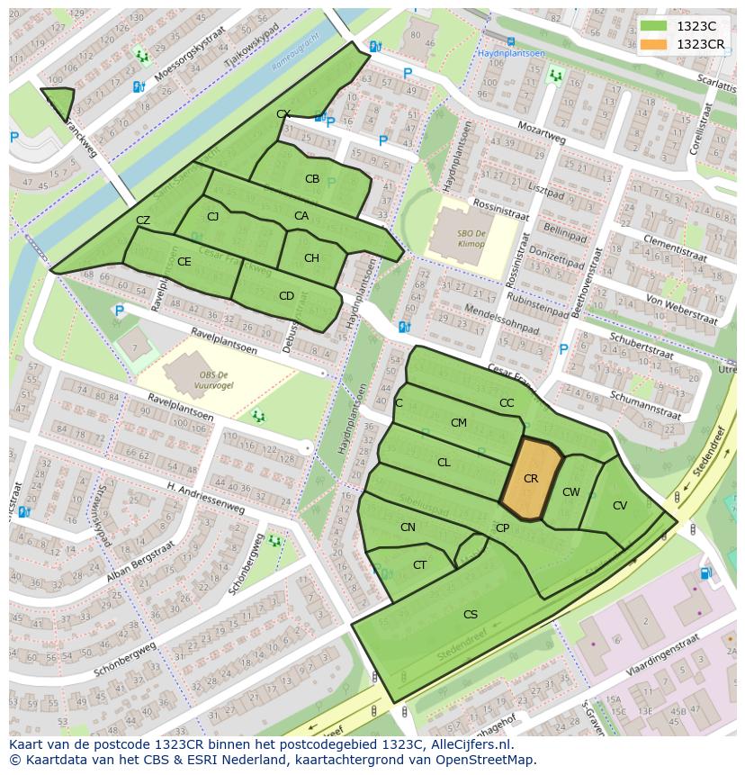 Afbeelding van het postcodegebied 1323 CR op de kaart.