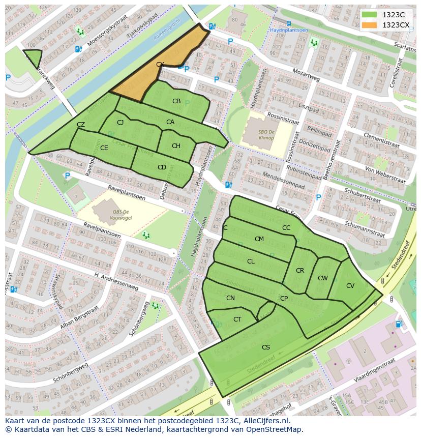Afbeelding van het postcodegebied 1323 CX op de kaart.