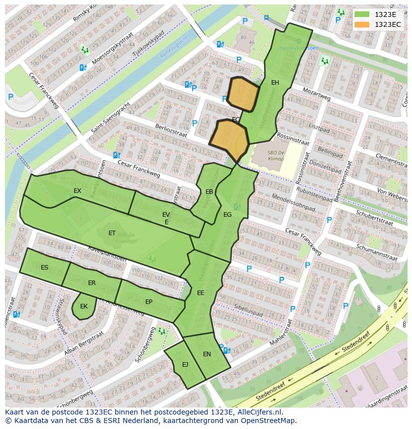 Afbeelding van het postcodegebied 1323 EC op de kaart.
