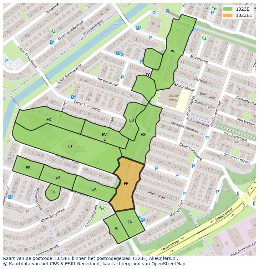 Afbeelding van het postcodegebied 1323 EE op de kaart.