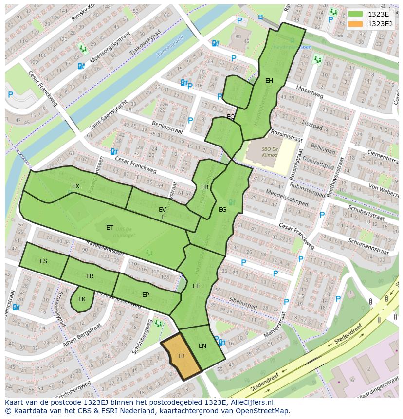 Afbeelding van het postcodegebied 1323 EJ op de kaart.