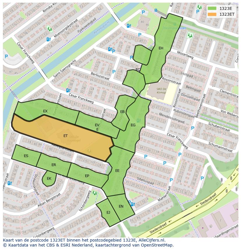 Afbeelding van het postcodegebied 1323 ET op de kaart.