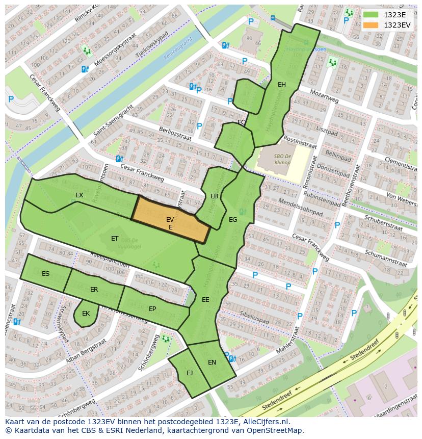 Afbeelding van het postcodegebied 1323 EV op de kaart.