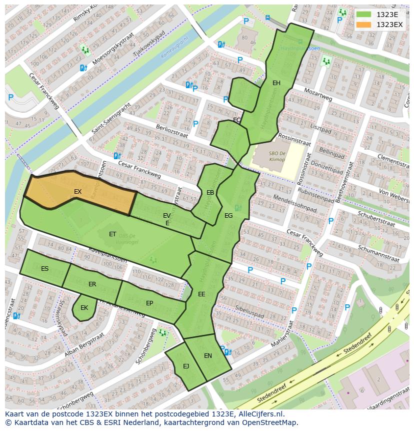 Afbeelding van het postcodegebied 1323 EX op de kaart.