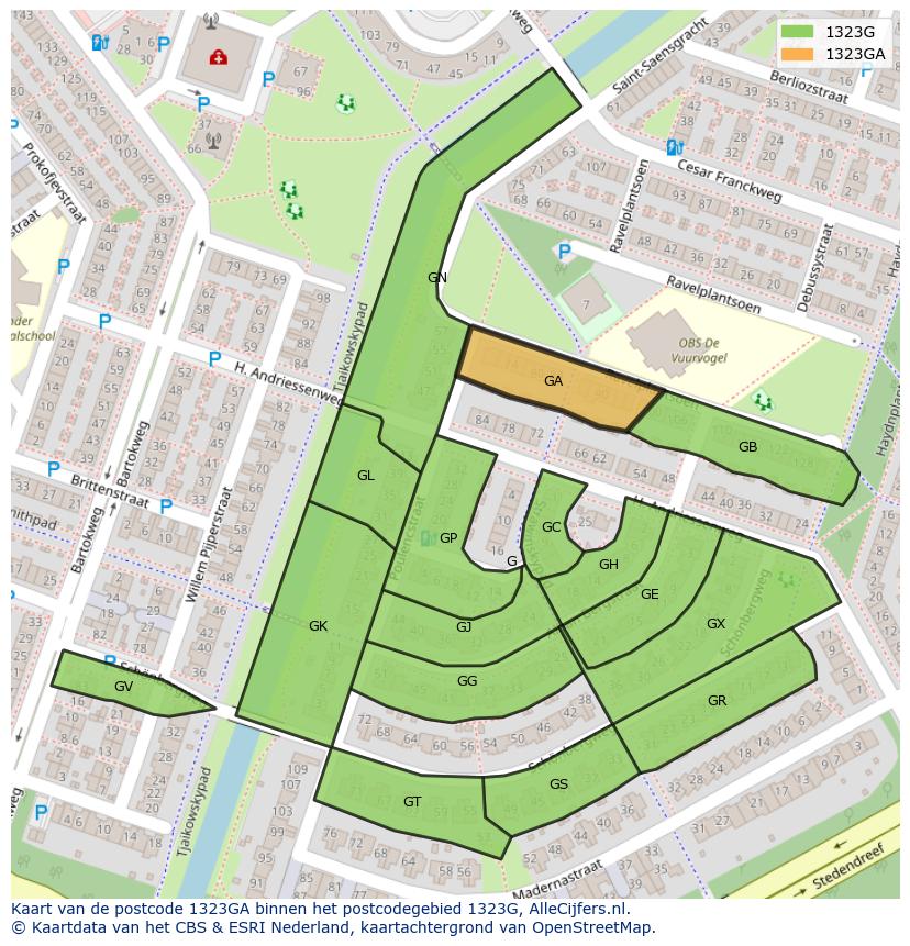 Afbeelding van het postcodegebied 1323 GA op de kaart.
