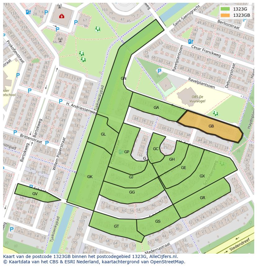 Afbeelding van het postcodegebied 1323 GB op de kaart.