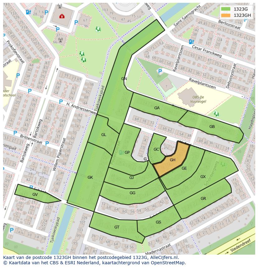 Afbeelding van het postcodegebied 1323 GH op de kaart.