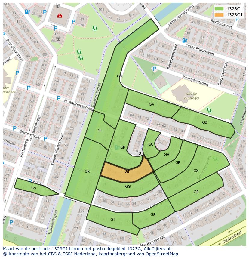 Afbeelding van het postcodegebied 1323 GJ op de kaart.