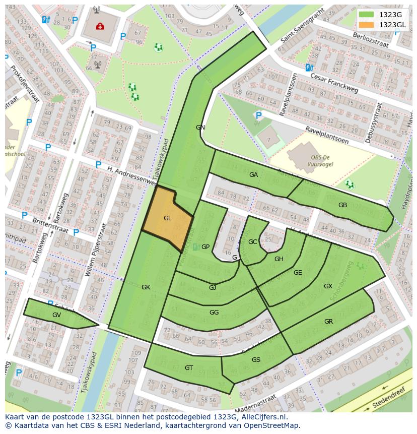 Afbeelding van het postcodegebied 1323 GL op de kaart.