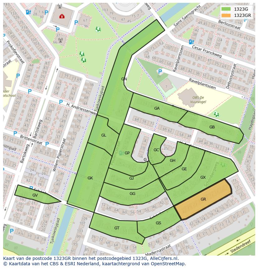 Afbeelding van het postcodegebied 1323 GR op de kaart.