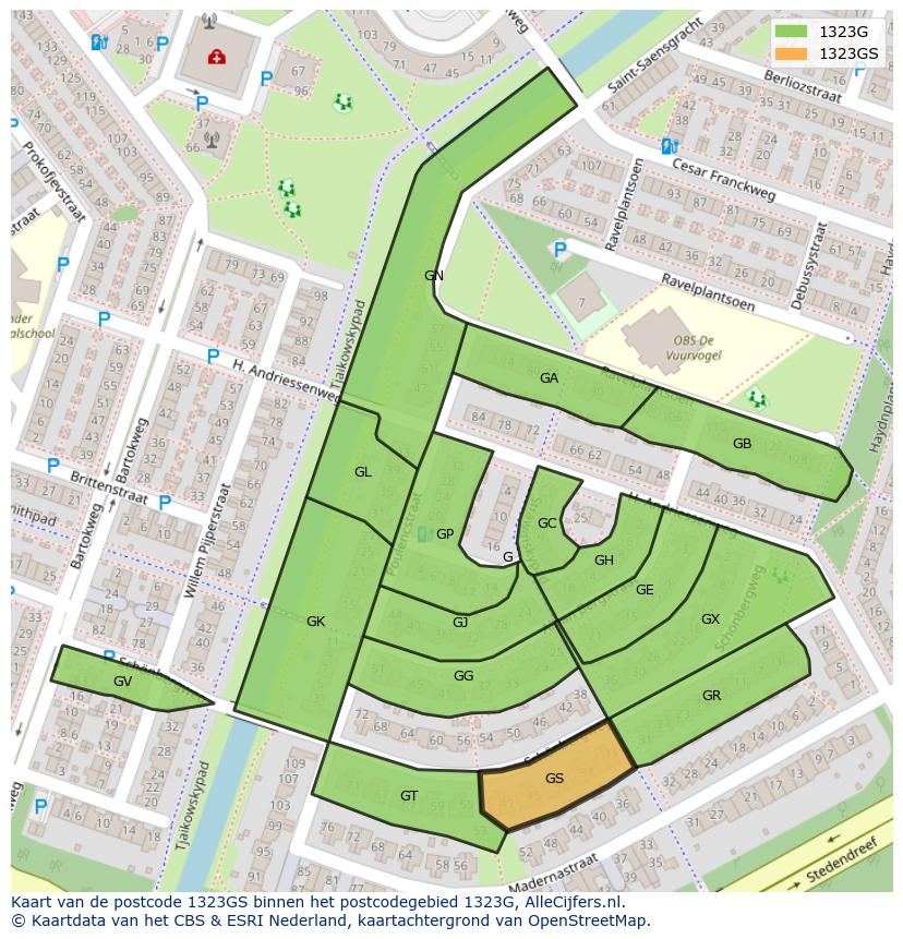 Afbeelding van het postcodegebied 1323 GS op de kaart.