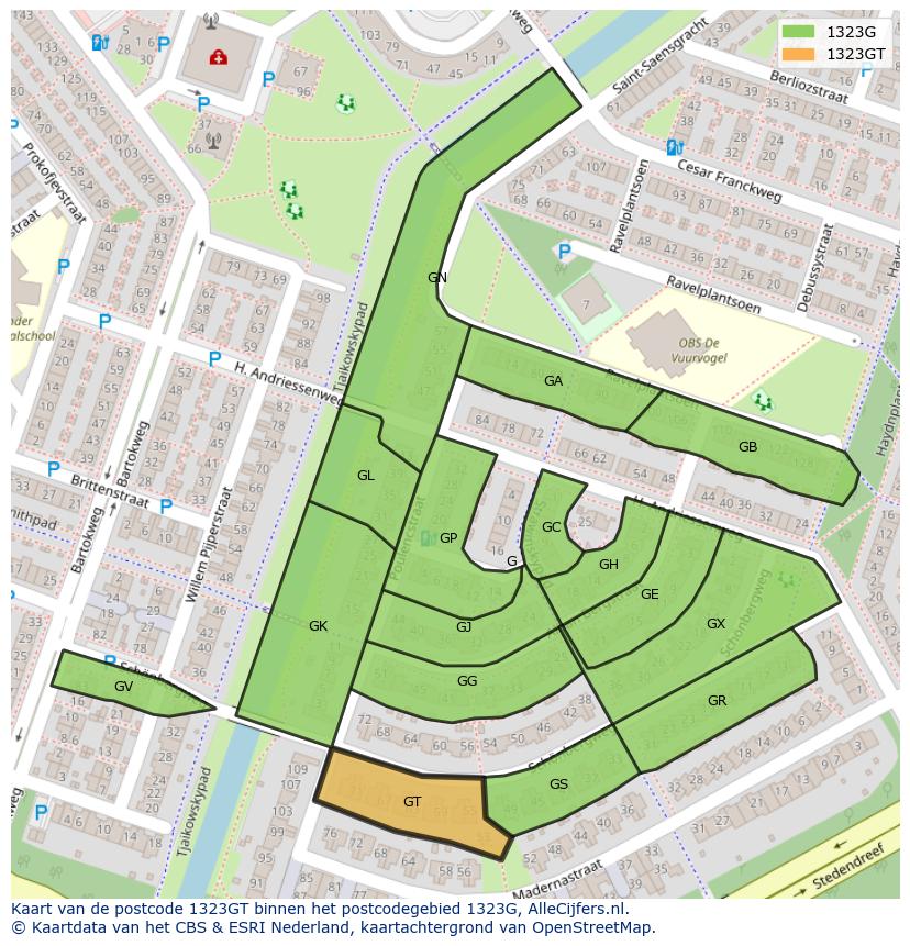 Afbeelding van het postcodegebied 1323 GT op de kaart.