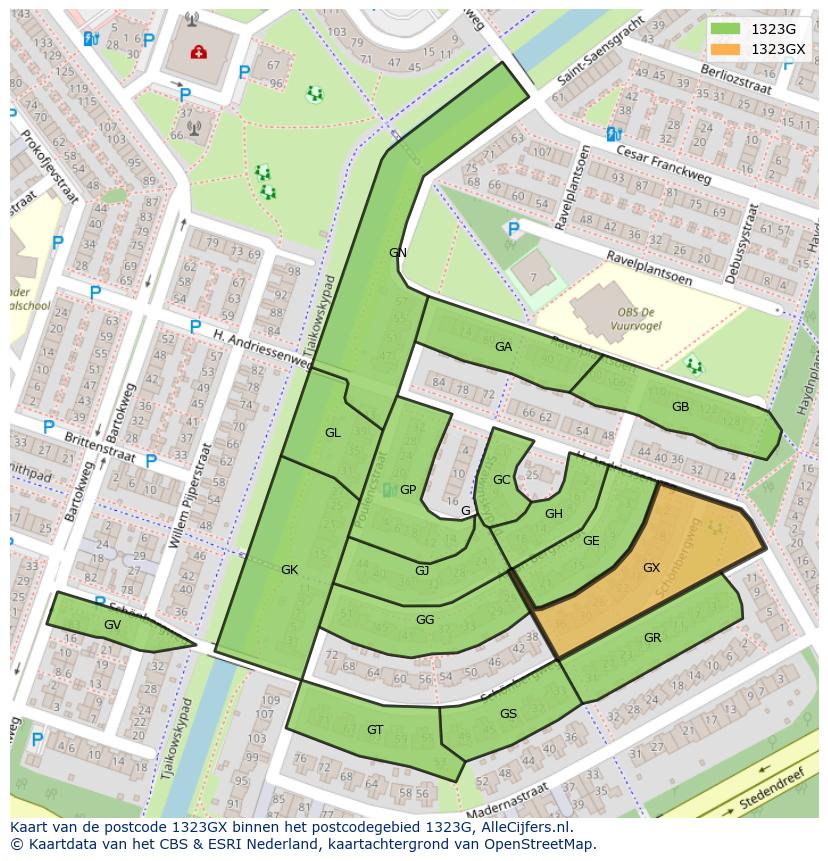 Afbeelding van het postcodegebied 1323 GX op de kaart.