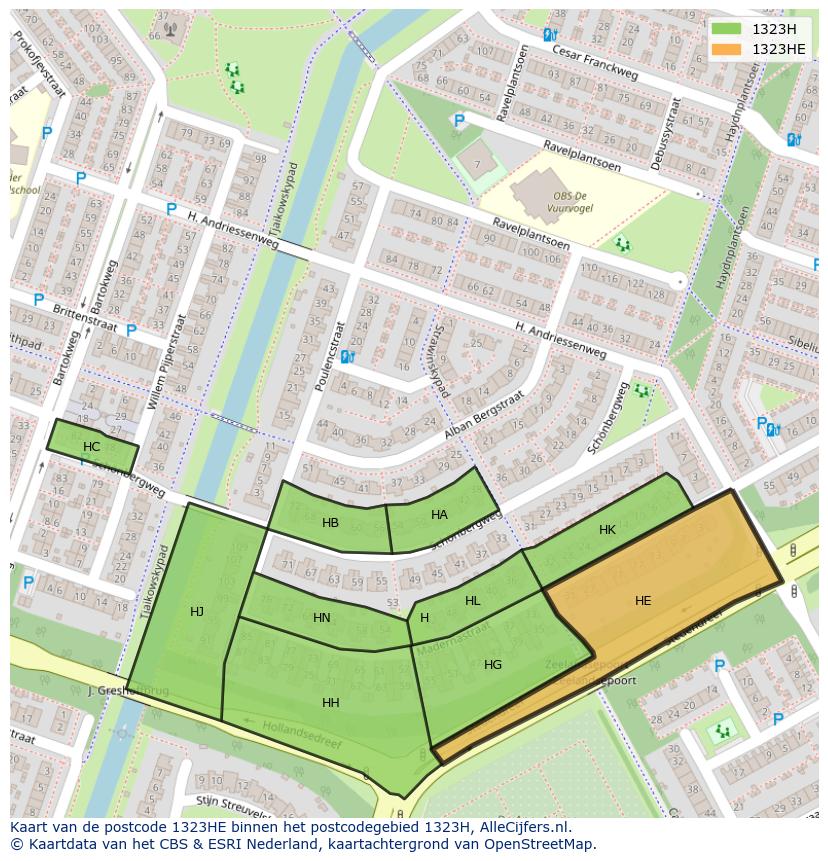 Afbeelding van het postcodegebied 1323 HE op de kaart.