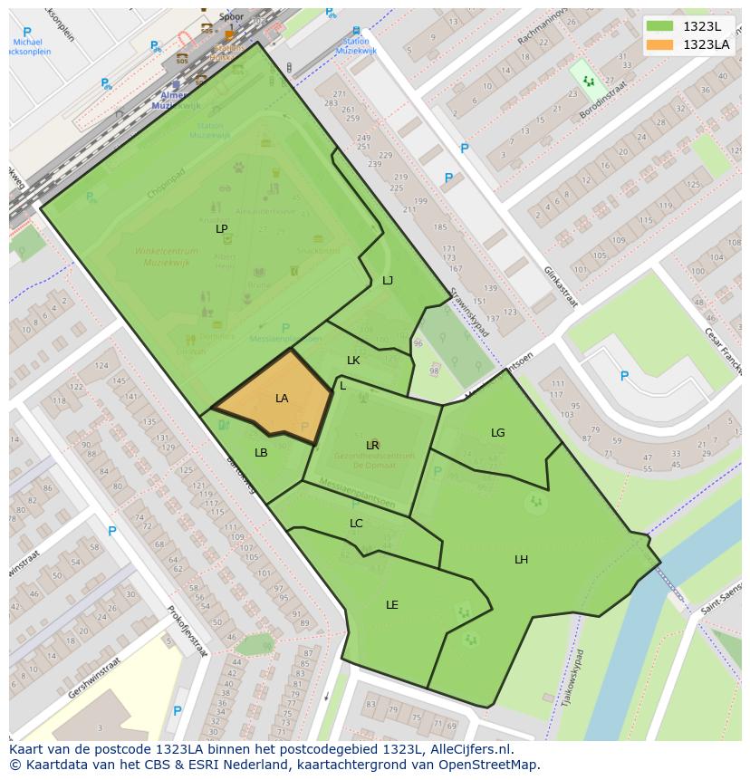Afbeelding van het postcodegebied 1323 LA op de kaart.