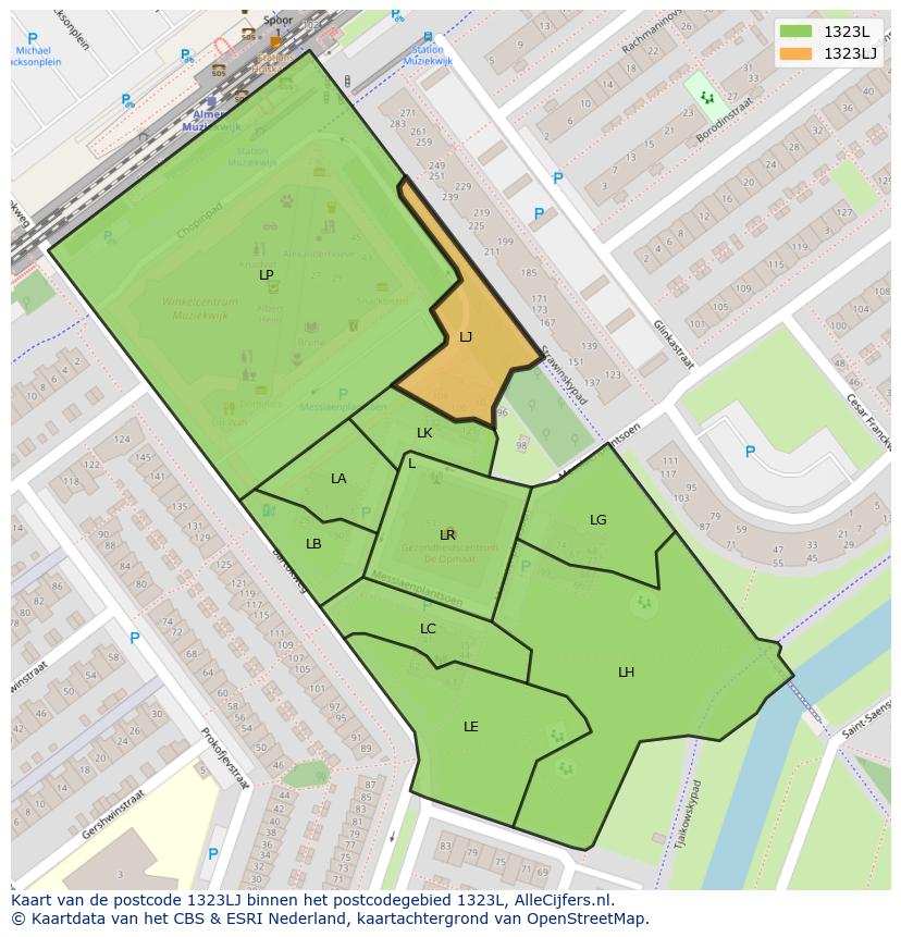 Afbeelding van het postcodegebied 1323 LJ op de kaart.