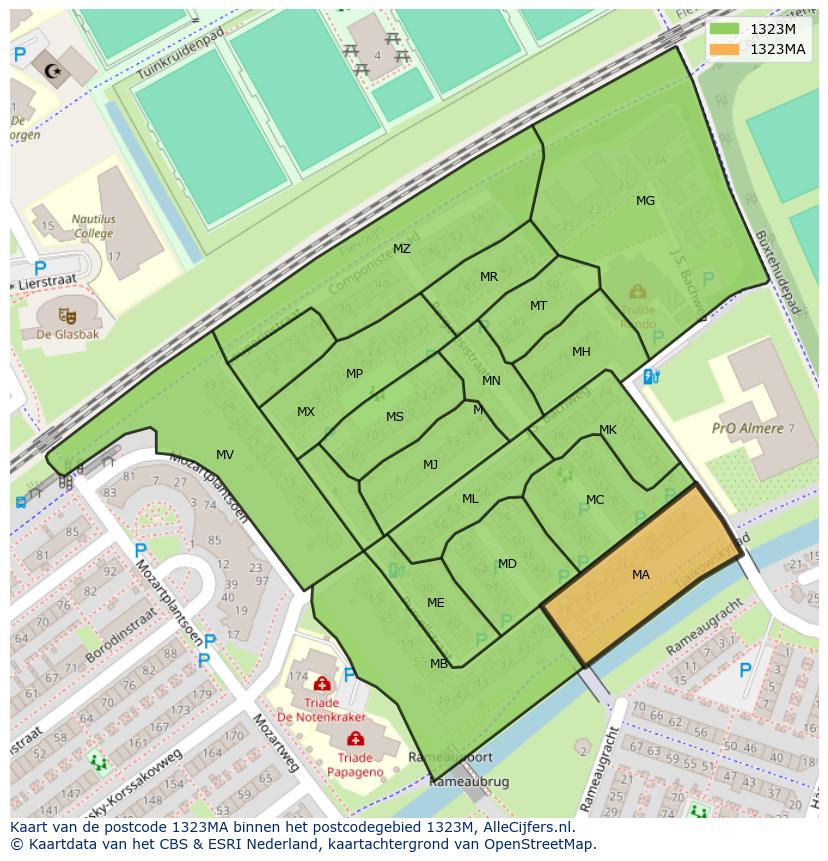 Afbeelding van het postcodegebied 1323 MA op de kaart.